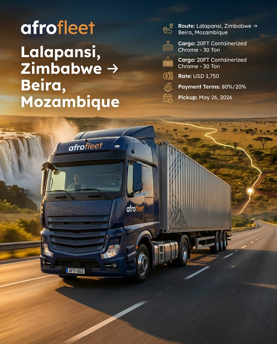 Poster for 20FT Containerized Chrome from Lalapansi, Zimbabwe to Beira, Mozambique