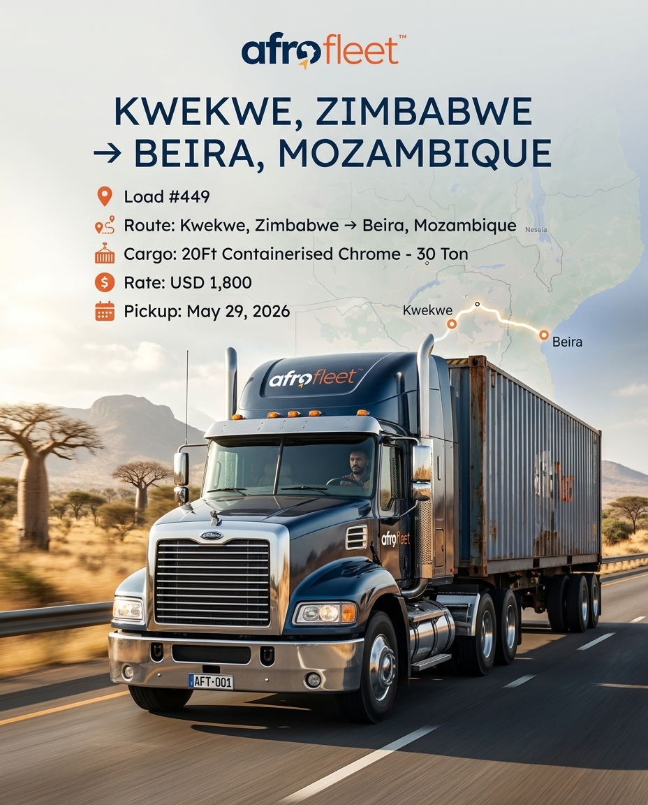 Poster for 20Ft Containerised Chrome from Kwekwe, Zimbabwe to Beira, Mozambique