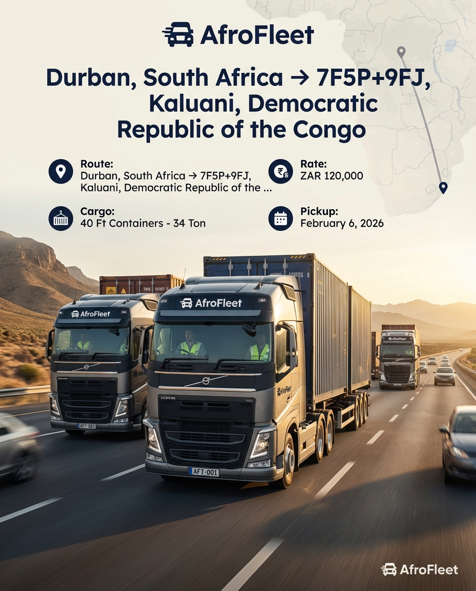 Poster for 40 Ft Containers from Durban, South Africa to 7F5P+9FJ, Kaluani, Democratic Republic of the Congo